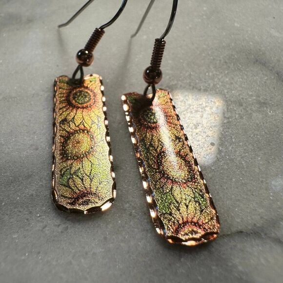 Handcrafted Copper Diamond Cut Sunflower Wire Drop Earrings, Western Boho, Gift - Picture 3 of 9